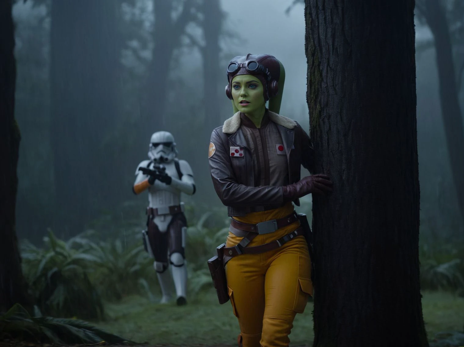 (masterpiece, best quality), Star Wars, cinematic shot of Hera Syndulla leaning against a tree, ((stormtroopers chasing her)), outdoor, rain, downpour, UHD, 4k, ultra detailed, cinematic, a photograph of cinematic photo dramatic lighting, 35mm photograph, film, bokeh, professional, 4k, highly detailed, epic, beautiful lighting, inspiring, <lora:Hera_Syndulla_XL:0.8>