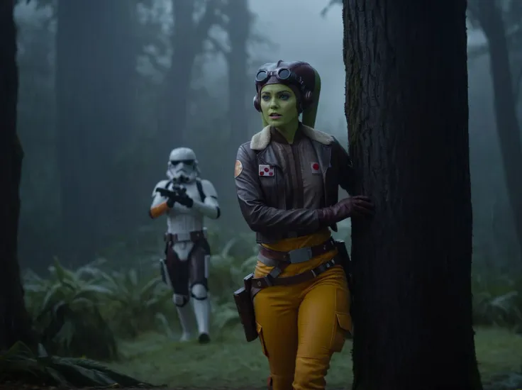 (masterpiece, best quality), Star Wars, cinematic shot of Hera Syndulla leaning against a tree, ((stormtroopers chasing her)), outdoor, rain, downpour, UHD, 4k, ultra detailed, cinematic, a photograph of cinematic photo dramatic lighting, 35mm photograph, film, bokeh, professional, 4k, highly detailed, epic, beautiful lighting, inspiring,  <lora:Hera_Syndulla_XL:0.8>