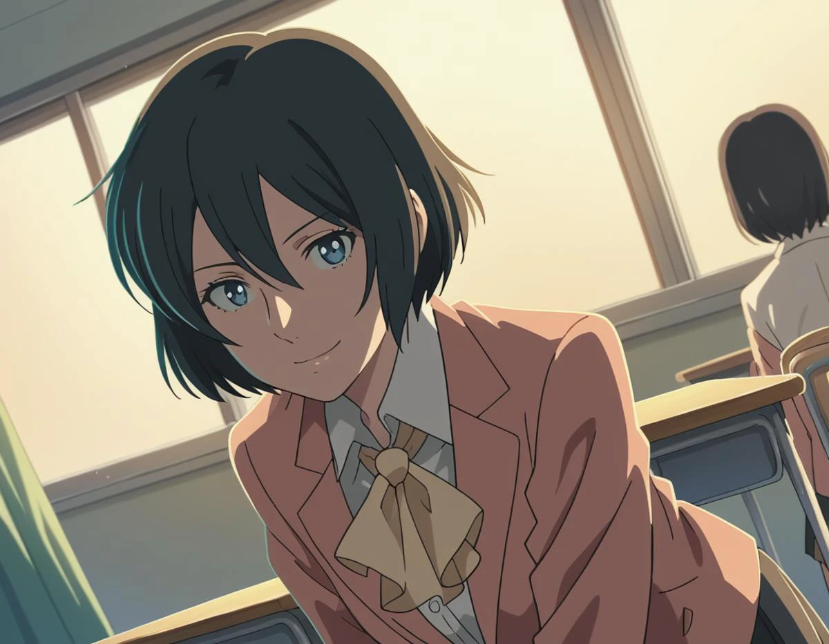 score_9, score_8_up, score_7_up, source_anime,
yukariyukino, <lora:yukari-yukino-movie-ponyxl-lora-nochekaiser:1>,
yukari yukino, short hair, black hair, blue eyes, hair between eyes,
shirt, collared shirt, white shirt, ascot, blazer, peach blazer, skirt,
indoors, classroom, bent over, smile,
cowboy shot, looking at viewer, solo, dutch angle,