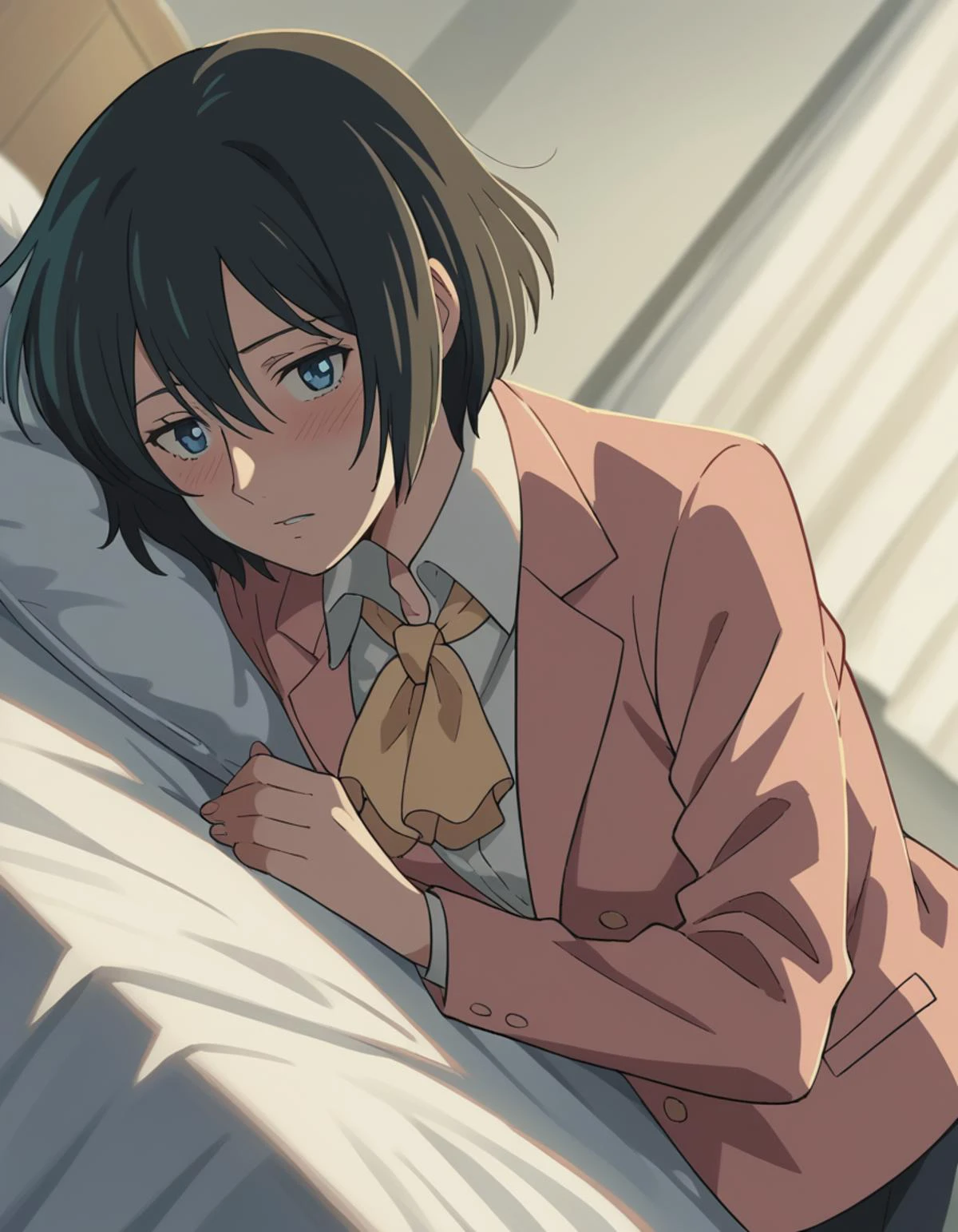score_9, score_8_up, score_7_up, source_anime,
yukariyukino, <lora:yukari-yukino-movie-ponyxl-lora-nochekaiser:1>,
yukari yukino, short hair, black hair, blue eyes, hair between eyes,
shirt, collared shirt, white shirt, ascot, blazer, peach blazer, skirt,
indoors, bed, bed room, on side, blush, drunk,
cowboy shot, looking at viewer, solo, dutch angle,
