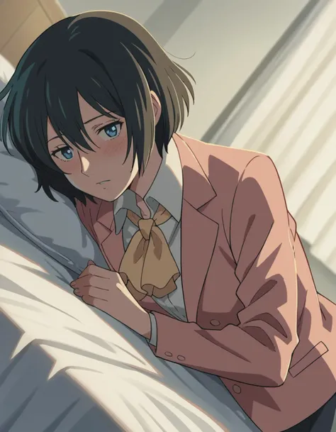 score_9, score_8_up, score_7_up, source_anime,
yukariyukino, <lora:yukari-yukino-movie-ponyxl-lora-nochekaiser:1>,
yukari yukino, short hair, black hair, blue eyes, hair between eyes,
shirt, collared shirt, white shirt, ascot, blazer, peach blazer, skirt,
indoors, bed, bed room, on side, blush, drunk,
cowboy shot, looking at viewer, solo, dutch angle,
