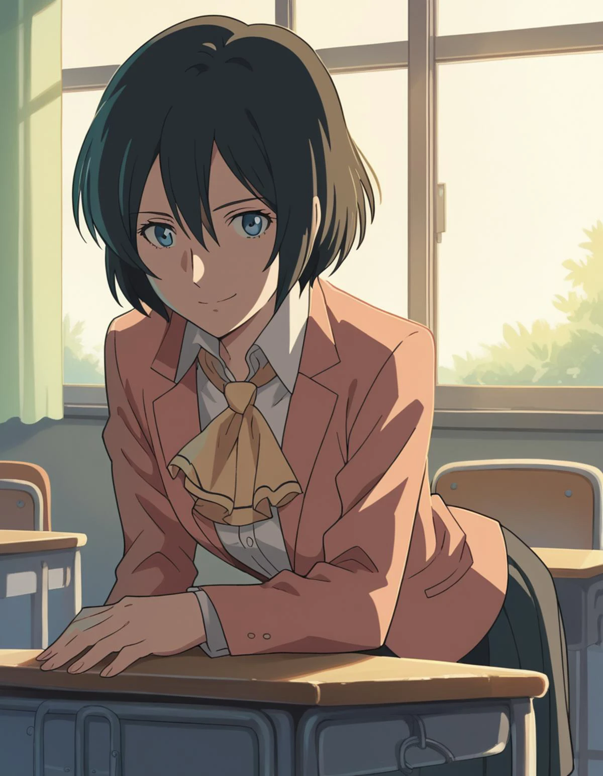 score_9, score_8_up, score_7_up, source_anime,
yukariyukino, <lora:yukari-yukino-movie-ponyxl-lora-nochekaiser:1>,
yukari yukino, short hair, black hair, blue eyes, hair between eyes,
shirt, collared shirt, white shirt, ascot, blazer, peach blazer, skirt,
indoors, classroom, bent over, smile,
cowboy shot, looking at viewer, solo, dutch angle,