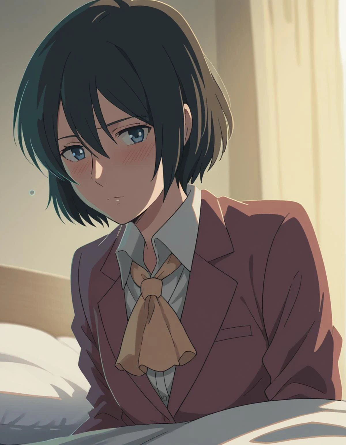 score_9, score_8_up, score_7_up, source_anime,
yukariyukino, <lora:yukari-yukino-movie-ponyxl-lora-nochekaiser:1>,
yukari yukino, short hair, black hair, blue eyes, hair between eyes,
shirt, collared shirt, white shirt, ascot, blazer, peach blazer, skirt,
indoors, bed, bed room, on side, blush, drunk,
cowboy shot, looking at viewer, solo, dutch angle,