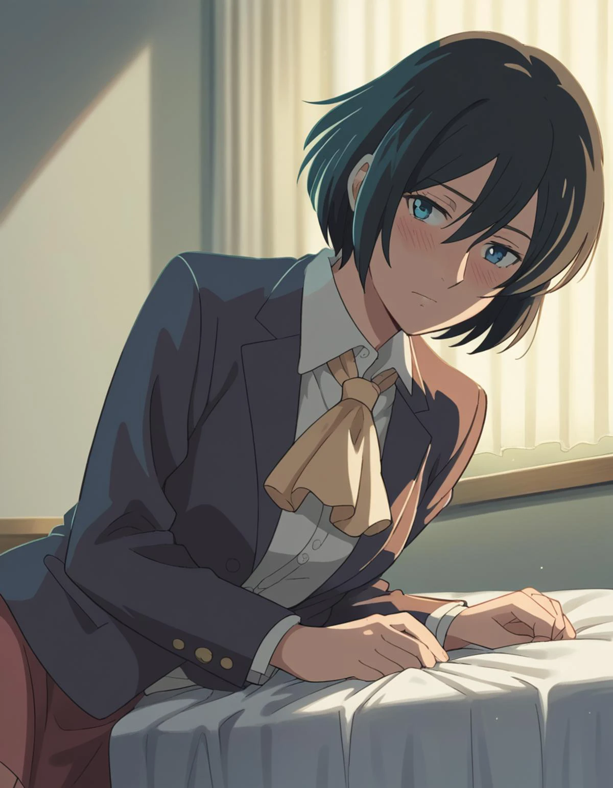 score_9, score_8_up, score_7_up, source_anime,
yukariyukino, <lora:yukari-yukino-movie-ponyxl-lora-nochekaiser:1>,
yukari yukino, short hair, black hair, blue eyes, hair between eyes,
shirt, collared shirt, white shirt, ascot, blazer, peach blazer, skirt,
indoors, bed, bed room, on side, blush, drunk,
cowboy shot, looking at viewer, solo, dutch angle,