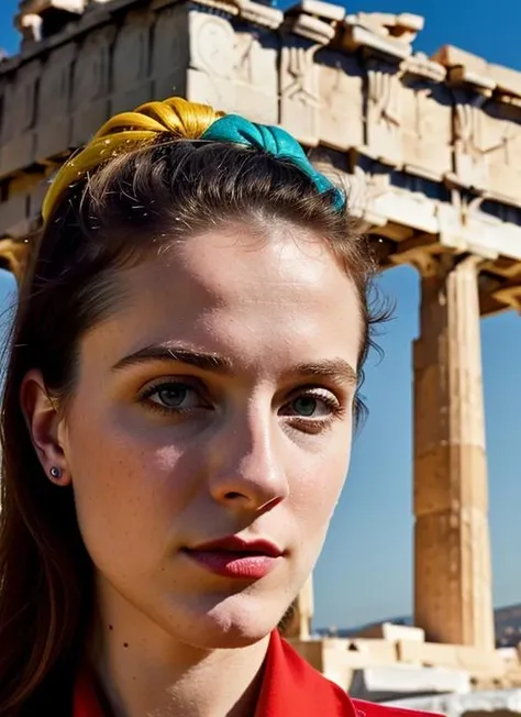 portrait of sks woman in athens, at the parthenon, by Flora Borsi, style by Flora Borsi, bold, bright colours, ((Flora Borsi)), by Ansel Adams, <lora:lora-small-evan-rachel-wood-v1:1>