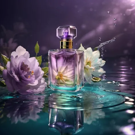 (8k, RAW photo, best quality, masterpiece:1.2),(realistic, photo-realistic:1.37),perfume,(shiny background:1.2),purple theme,water surface, <lora:cosmetics_v2:0.8>