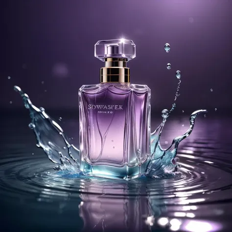 (8k, RAW photo, best quality, masterpiece:1.2),(realistic, photo-realistic:1.37),perfume,(shiny background:1.2),purple theme,water surface, <lora:cosmetics_v2:0.5>,solo focus
