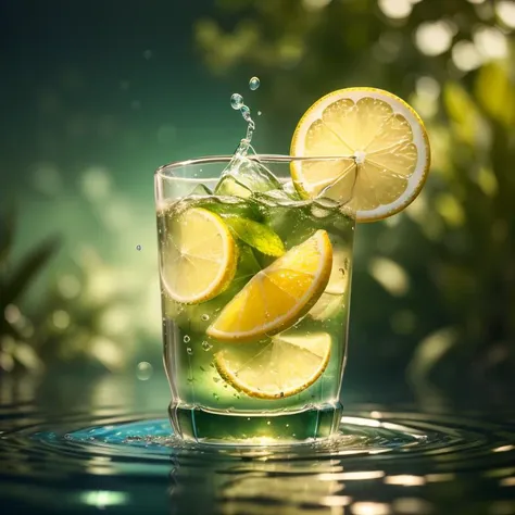 (8k, RAW photo, best quality, masterpiece:1.2),(realistic, photo-realistic:1.37),lemonade,(shiny background:1.2),green theme,water surface, <lora:cosmetics_v2:0.5>,solo focus,Product Feature