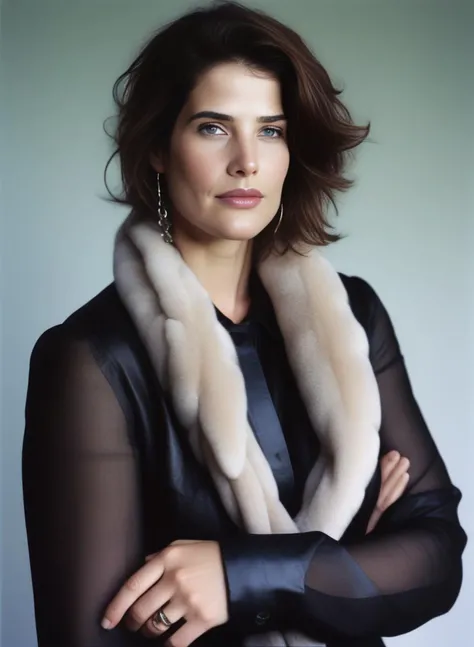 CobieSmulders, portrait,close up of a Supersized Woman, wearing Oppressive Waxed cotton Blouse, Moody Fur Scarf, Gypsy Ring, Detailed illustration, Low shutter, Kodak portra, <lora:CobieSmuldersSDXL:1>