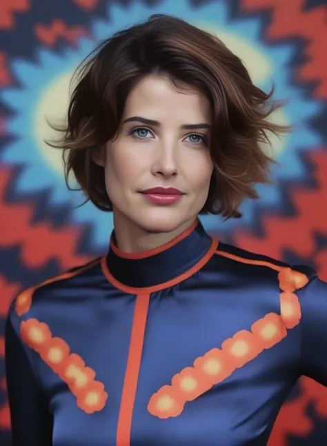 CobieSmulders, portrait, insane details,close up of a Thundering Female, Filmmaker, JoJo pose, Space Age Collar, Petunia in background, Realistic, Hopeful, Mushroomcore, Zoom lens, Primary Colors, art by Lewis Morley, <lora:CobieSmuldersSDXL:1>