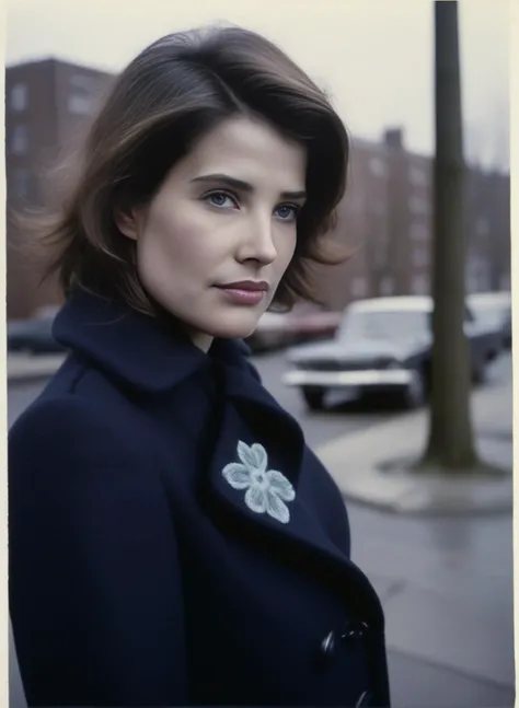 CobieSmulders, photograph, 1960'S large Female, Paramedic, wearing dark indigo Pea coat with [Circuitry:Mohair:9] embroidery, looking away from camera, Evocative hair, Bimbocore, film grain, Canon EF, L USM,  <lora:CobieSmuldersSDXL:1>