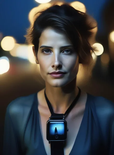 CobieSmulders, (art by Sally Mann:0.9) ,art by Mario Testino, portrait,close up of a [Geeky:Imaginative:3] (Girl:1.1) , wearing Mastodon-style [Gho|Mahotella], Moving Smartwatch, Feigned Straps, at Blue hour, soft focus, Surprising, Slimepunk, Dark hue,  <lora:CobieSmuldersSDXL:1>