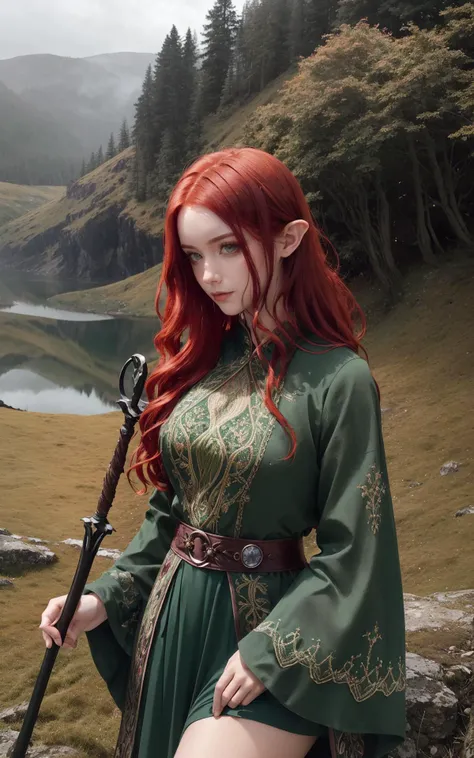 (Cinematic Still, Establishing Shot, Moody Atmosphere, Layered Depth, Parallax Effect, Soft focus foreground, intricately detailed background:1.2), outdoor Scottish highlands, vivid sunset hues, fantasy setting. A striking redhead woman, (distinctly Scottish), wearing an elaborate elven inspired gown is a fusion of deep emerald green and earthy browns, with intricate Celtic knotwork embroidery in gold thread, Flowing sleeves, a fitted bodice+, short skirt , fiery red hair is styled in a cascade of loose curls, green eye, stands atop a grassy knoll, overlooking a misty loch. In her hands, she holds an ancient, rune carved staff, emanating a soft, other worldly glow.,