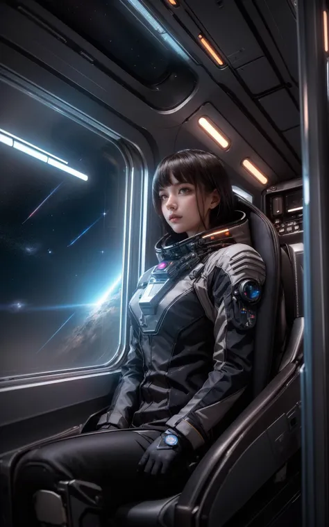 (Cinematic Still, Establishing Shot, Moody Atmosphere, Layered Depth, Parallax Effect, Soft focus foreground, intricately detailed background:1.2), (Space Train Engineer Running the Interstellar Rails, Space Western:1.1), Envision a high-speed train hurtling through space, connecting distant planets across the galaxy. The engineer, a woman with a knack for mechanics and a love for the stars, pilots her train through asteroid fields and nebulae. Her uniform combines the classic conductor's outfit with a spacesuit, symbolizing her unique occupation.