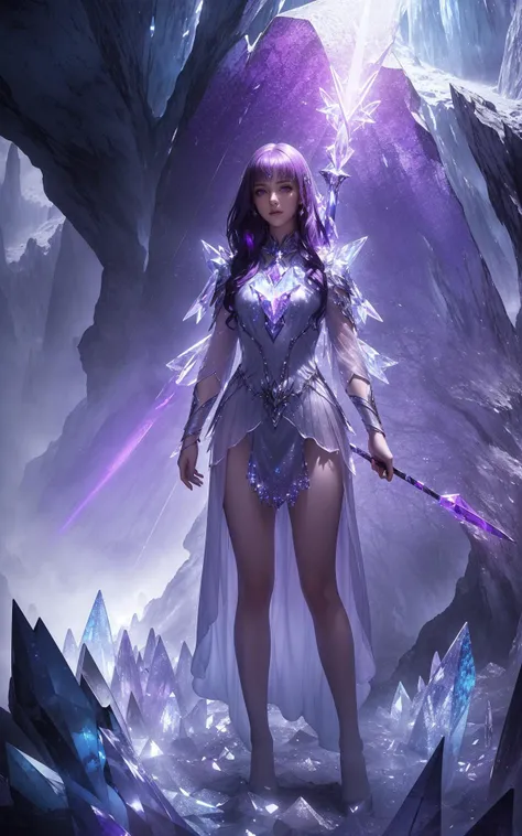 (Cinematic Still, Establishing Shot, Moody Atmosphere, Layered Depth, Parallax Effect, Soft focus foreground, intricately detailed background:1.2), (Cinematic shot, Crystal Cave Young Adult Woman Guardian:1.4), (mythical cinematic establishing shot of gorgeous woman, highly detailed background:1.2), volumetric lighting, subsurface scattering, dynamic pose, (special effects, color grading, fantasy aura), silver and purple crystal shard armor, broken glass floor, Glowing crystals, ethereal light, protective stance, purple magenta enchanted spear with powerful energy aura, mystical ground fog,