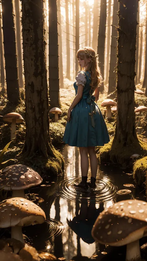 Adult Alice in wonderland standing in stream,large mushrooms in background,highly detailed,Beautiful lighting,photoreal,4k,depth of field,night scene,light from godrays shining on ground,