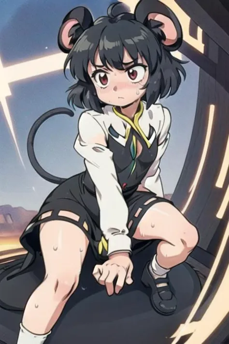 (Low Rated Drawing:1.25) of (Cel shading:1.25),(Proud:1.25) <lora:80sFantasy_v10:0.6>, 1980s, fantasy, anime, movie, by artist Rumiko Takahashi, female focus, 1girl, solo, <lora:nynCookie_nyn:0.75>, (flat chest, nazrin, touhou, black dress, mouse tail, sweat:1.4), (girl wagging tail, motion lines:1.2), (dynamic angle, dynamic view, dynamic pose, action shot:1.3), detailed background,(80s Art:1.25)