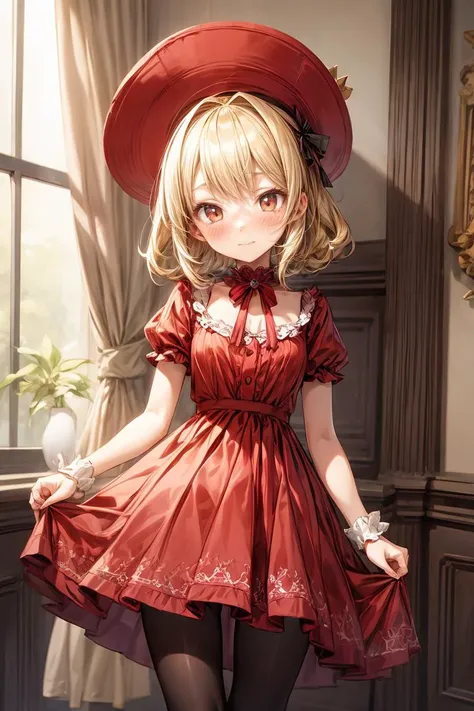 (masterpiece, best quality), 1girl, blonde hair, red dress, pantyhose, cute face, blush, <lora:add_detail:1>