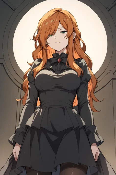 <lora:ChamTokisakiKurumiPonyXL:0.8>black dress, long sleeves, black pantyhose <lora:SousouNoFrieren_FlammeXL:0.8> FlammeSSnF,orange hair,long hair, green eyes,hair over one eye,large breasts, Score_9, Score_8_up, Score_7_up, Score_6_up, Score_5_up, Score_4_up, BREAK,1girl in full growth, best quality, masterpiece, ultra-detailed, high quality,good quality,1 girl,(master piece,high resolution, ultra detailed,8K,16K),look at viewer