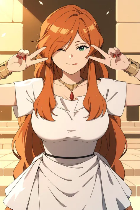 white dress,necklace,ancient greek clothes,short sleeves,long dress <lora:SousouNoFrieren_FlammeXL:0.8> FlammeSSnF,orange hair,long hair, green eyes,hair over one eye,large breasts, <lora:emoengine.pony:1> double peace,one eye closed, tongue out, Score_9, Score_8_up, Score_7_up, Score_6_up, Score_5_up, Score_4_up, BREAK,1girl in full growth, best quality, masterpiece, ultra-detailed, high quality,good quality,1 girl,(master piece,high resolution, ultra detailed,8K,16K),look at viewer