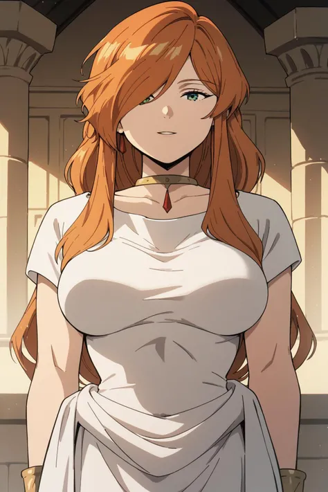 white dress,necklace,ancient greek clothes,short sleeves,long dress <lora:SousouNoFrieren_FlammeXL:0.8> FlammeSSnF,orange hair,long hair, green eyes,hair over one eye,large breasts, <lora:breasts++-PD-breast_bags-1.0:1> breast bags, Score_9, Score_8_up, Score_7_up, Score_6_up, Score_5_up, Score_4_up, BREAK,1girl in full growth, best quality, masterpiece, ultra-detailed, high quality,good quality,1 girl,(master piece,high resolution, ultra detailed,8K,16K),look at viewer