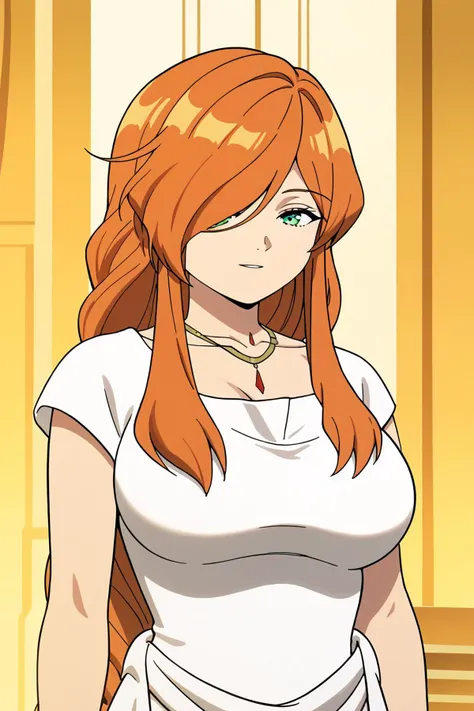 <lora:Shuz-v3-PDXL:0.6> <lora:SousouNoFrieren_FlammeXL:0.8> FlammeSSnF,orange hair,long hair, green eyes,hair over one eye,large breasts,white dress,necklace,ancient greek clothes,short sleeves,long dress, Score_9, Score_8_up, Score_7_up, Score_6_up, Score_5_up, Score_4_up, BREAK,1girl in full growth, best quality, masterpiece, ultra-detailed, high quality,good quality,1 girl,(master piece,high resolution, ultra detailed,8K,16K),look at viewer