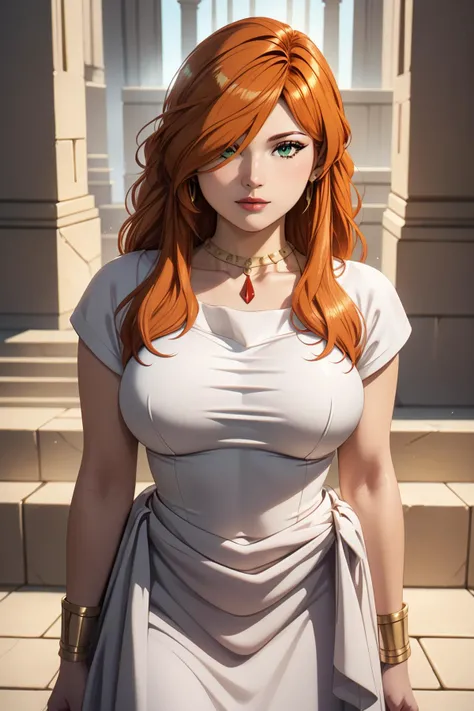 white dress,necklace,ancient greek clothes,short sleeves,long dress <lora:SousouNoFrieren_FlammeXL:0.8> FlammeSSnF,orange hair,long hair, green eyes,hair over one eye,large breasts, <lora:RealisticAnime:1> (ultra realistic, 32k, masterpiece:1.2), (high detailed skin:1.1), (high quality:1.1),, Score_9, Score_8_up, Score_7_up, Score_6_up, Score_5_up, Score_4_up, BREAK,1girl in full growth, best quality, masterpiece, ultra-detailed, high quality,good quality,1 girl,(master piece,high resolution, ultra detailed,8K,16K),look at viewer