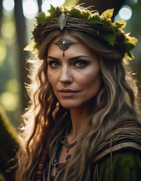 cinematic photo A closeup portait of ((ohwx woman)) an ancient druid made of bark, she live hidden in the vegetation of a forgotten forest, highly detailed painting, by Artgerm and Raphael Lacoste <lora:triciahelfer_dh128_v1:1> . 35mm photograph, film, bokeh, professional, 4k, highly detailed