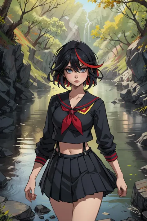 1girl, (solo:1.2), (looking at viewer:1.5), (upper body:1.5), (walking:1.2), (cowboy shot:1.5), (masterpiece:1.3), (best quality:1.3), (perfect anatomy:1.4), highly detailed, (secluded river scenery:1.2), (sunlight through trees:1.3), daylight,natural rock formations, nature,, <lora:Matoi Ryuuko [ekune - v3.0]:0.7> matoi ryuuko, (streaked hair:1.3), short hair, red hair highlight, multicolored hair, school uniform, black serafuku, suspender skirt, midriff, (black skirt:1.3), black shirt, (pleated skirt:1.4), mini skirt,, <lora:Maenoo [MockAI - v1.0]:0.8> semi-realistic artstyle, vibrant, soft shading, expressive