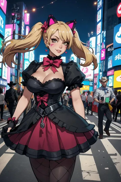 1girl, (solo:1.2), (standing:1.3), (posing for the camera:1.3), (cowboy shot:1.5), smile, happy, at ease, (curvy:1.2), (masterpiece:1.3), (best quality:1.3), (perfect anatomy:1.4), highly detailed, <lora:Maenoo [MockAI - v1.0]:0.8> semi-realistic artstyle, vibrant, soft shading, expressive, <lora:D.va [h_madoka - v1.0]:0.75> ddhana, blonde hair, twintails, hair bow, animal ears, whisker markings, heart earrings, cat tail, bowtie, pink bow, cleavage, gothic, black dress, short sleeves, puffy sleeves, black gloves, purple skirt, argyle, pantyhose, (shinjuku crossing:1.5), (tokyo:1.2), highrise buildings, (night:1.2), on the street, traffic lights,