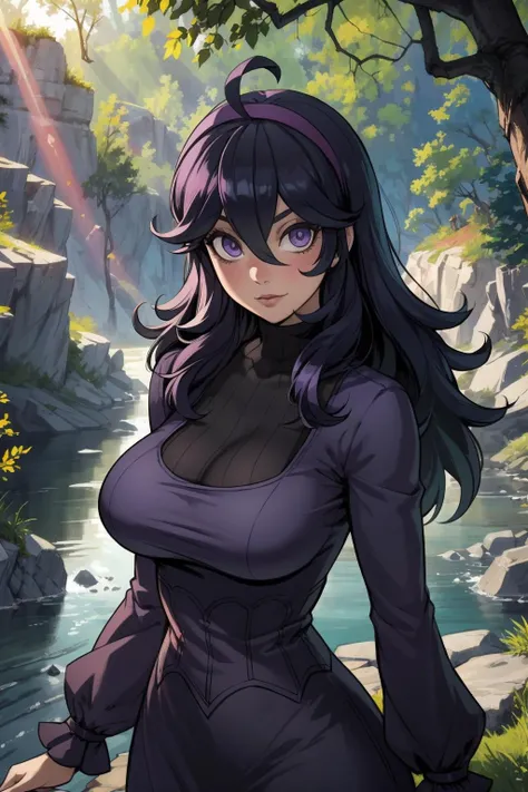 1girl, (solo:1.2), (looking at viewer:1.5), (upper body:1.5), (walking:1.2), (cowboy shot:1.5), (masterpiece:1.3), (best quality:1.3), (perfect anatomy:1.4), highly detailed, (secluded river scenery:1.2), (sunlight through trees:1.3), daylight,natural rock formations, nature,, <lora:Hex Maniac [h_madoka - v1.0]:0.7> aahex, hex maniac \(pokemon\), long hair, ahoge, purple hairband, purple eyes, @_@, huge breasts, long dress, black dress, long sleeves, <lora:Maenoo [MockAI - v1.0]:0.8> semi-realistic artstyle, vibrant, soft shading, expressive