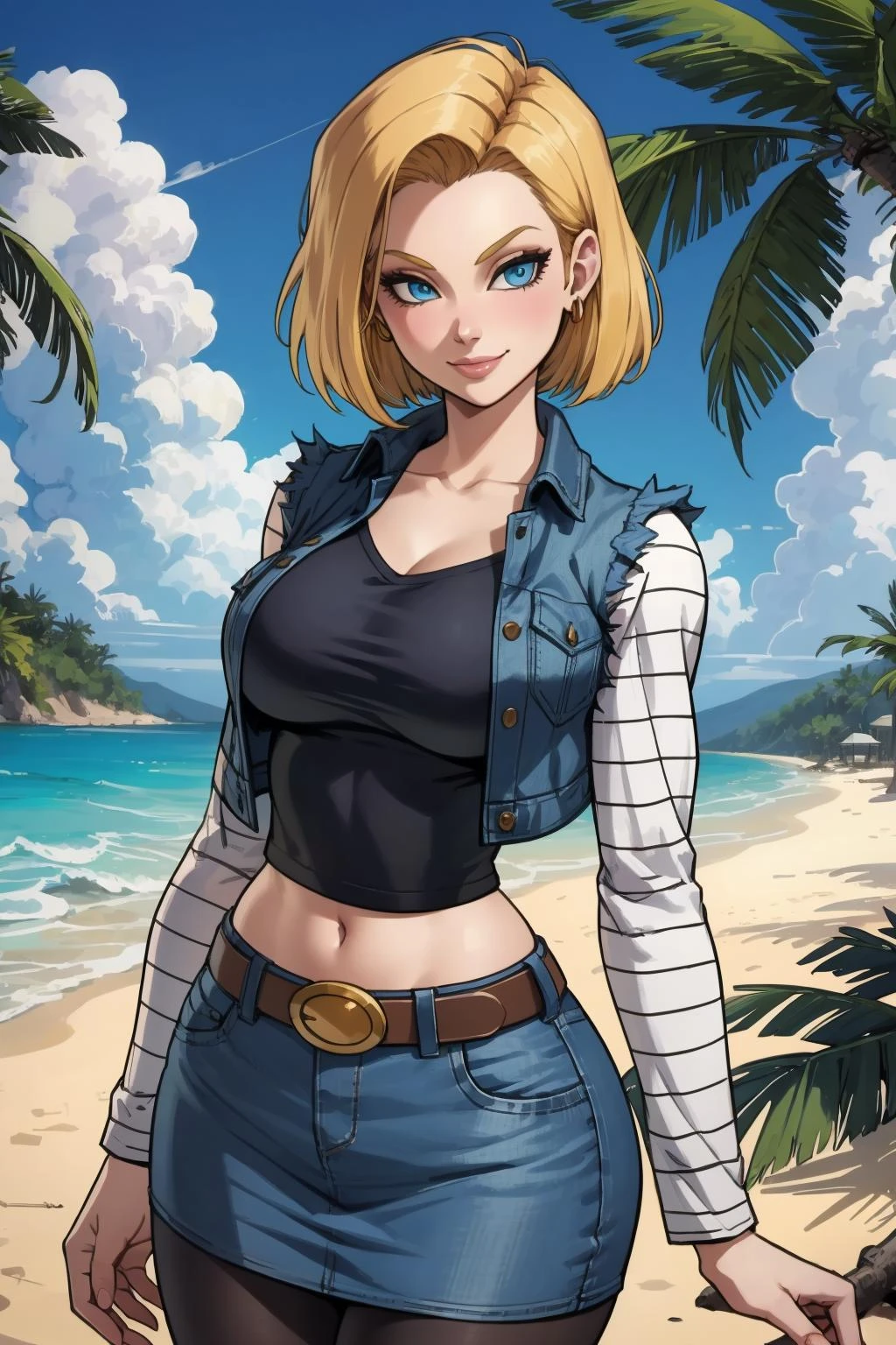 1girl, (solo:1.2), (standing:1.3), (interacting:1.3), (cowboy shot:1.5), (curvy:1.2), smile, happy, at ease, (masterpiece:1.3), (best quality:1.3), (perfect anatomy:1.4), highly detailed, (tropical beach:1.3), palm trees, azure blue water, daylight, summer,, <lora:DB - Android 18 [AsuraAI - v1.0]:0.85> android18, earrings, denim, belt, blonde hair, blue eyes, short hair, jewelry, (denim vest:1.2), open vest, black pantyhose, black shirt, denim skirt, (white striped long sleeves), blue skirt, large breasts, <lora:Maenoo [MockAI - v1.0]:0.8> semi-realistic artstyle, vibrant, soft shading, expressive