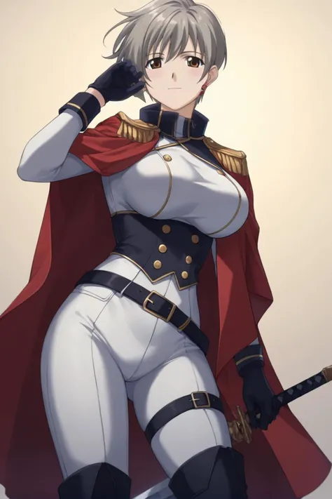best quality,masterpiece,looking at viewer,absurdres,1girl,score_9,score_8_up,score_7_up,source_anime BREAK <lora:030-çå¾·è±å
ä¸-纳æ¥XLV1:0.8>,naharu,short hair,grey hair,brown eyes,1girl,belt,black belt,black footwear,black gloves,bodysuit,boots,breasts,buckle,coat,cowboy shot,epaulettes,fringe trim,gloves,holding,holding sword,holding weapon,large breasts,long sleeves,military,military uniform,pants,parted lips,red coat,ringlets,sidelocks,sword,taut clothes,thigh belt,thigh boots,thigh strap,tight clothes,tight pants,underbust,uniform,unsheathed,weapon,white bodysuit,white pants,,