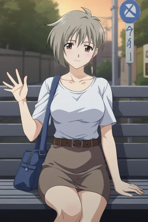 best quality,masterpiece,looking at viewer,absurdres,1girl,score_9,score_8_up,score_7_up,source_anime BREAK <lora:030-çå¾·è±å
ä¸-纳æ¥XLV1:0.8>,naharu,short hair,grey hair,brown eyes,1girl,:d,bag,belt,breasts,brown belt,brown skirt,bus,bus stop,collarbone,day,earrings,flower earrings,jewelry,mismatched earrings,motor vehicle,on bench,outdoors,pencil skirt,petal earrings,road,shirt,shirt tucked in,shoulder bag,sitting,skirt,sleeves past elbows,smile,street,tree,waving,white shirt,,