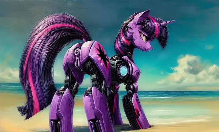 derpibooru_p_95, pony cyborg, cyberpunk style, cybernetic hoof style, a thoughtful, tough style, the robotics revolution, close plan for the robotic pony, full body Twilight Sparkle Robot [twilight sparkle: reelmech:0.5], AC-Pony, rear view, cyborg ass, buttocks, robo pussy, robo anal, sad detailed pony face, a multi-ton dark purple background of bold and rough brushstrokes, solo, anatomically correct,  stern style, menacing style, sexy posture curve, adult mare, huge mane, wide mane, mane overhanging the eyes, high quality level, ultra-detail, 
oil painting, 
<lora:reelmech1v2:0.7> <lora:bichu-v0612:0.6> <lora:Twilight Sparkle:0.5> <lora:more_details:1.4> <lora:AC-Pony-Furtastic:0.1>