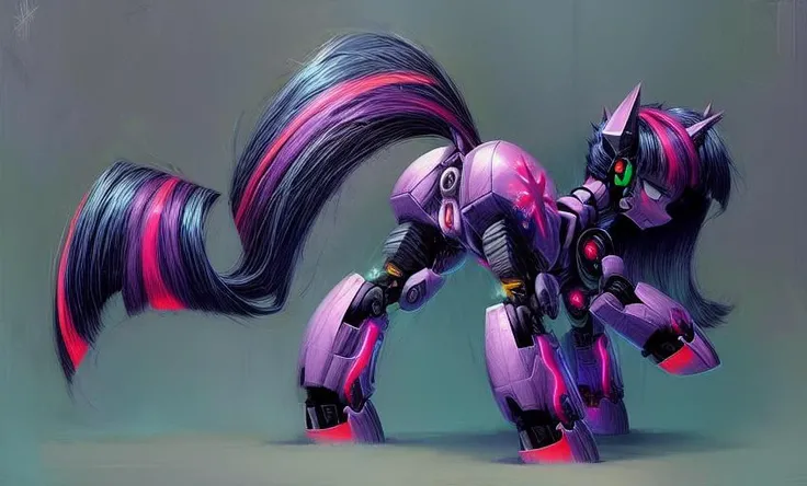 derpibooru_p_95, pony cyborg, cyberpunk style, cybernetic hoof style, a thoughtful, tough style, the robotics revolution, close plan for the robotic pony, full body Twilight Sparkle Robot [twilight sparkle: reelmech:0.5], AC-Pony, rear view, cyborg ass, buttocks, robo pussy, robo anal, sad detailed pony face, a multi-ton dark purple background of bold and rough brushstrokes, solo, anatomically correct,  stern style, menacing style, sexy posture curve, adult mare, huge mane, wide mane, mane overhanging the eyes, high quality level, ultra-detail, 
oil painting, 
<lora:reelmech1v2:0.7> <lora:bichu-v0612:0.6> <lora:Twilight Sparkle:0.5> <lora:more_details:1.4> <lora:AC-Pony-Furtastic:0.1>