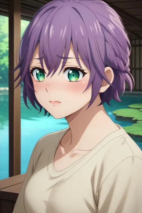 score_9, score_8_up, score_7_up, source_anime, rating_safe, , (photorealistic:0.6), , , 1girl, solo, <lora:hiro_segawa_pony:0.92>, hiro_segawa, purple hair, green eyes, short hair, bangs, hair between eyes, braid, symmetry, river, indoors, dark, slouching, embarrassed, nose blush, leggings,, <lora:sdxl_lightning_8step_lora:1>