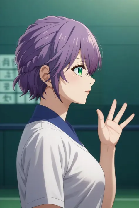 score_9, score_8_up, score_7_up, source_anime, rating_safe, intricate details, , , depth of field, 1girl, solo, <lora:hiro_segawa_pony:0.9>, hiro_segawa, purple hair, green eyes, short hair, bangs, hair between eyes, braid, profile, gym, dusk, waving, distracted, aloof, oblivious, intimates, headwrap, <lora:sdxl_lightning_8step_lora:1>