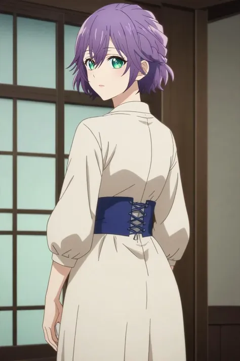 score_9, score_8_up, score_7_up, source_anime, rating_safe, intricate details, anime screencap, , official style, looking at viewer, , 1girl, solo, <lora:hiro_segawa_pony:0.88>, hiro_segawa, purple hair, green eyes, short hair, bangs, hair between eyes, braid, cowboy shot, prairie, noon, ass, relaxed, , <lora:sdxl_lightning_8step_lora:1>