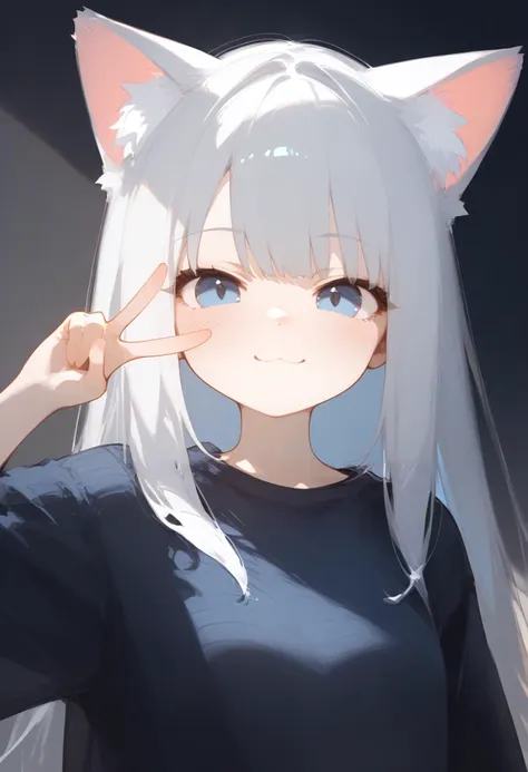 score_9, score_8_up, source_anime
1girl, animal ears, long hair, looking at viewer, grey hair, solo focus, cat ears, animal ear fluff, blush, blue eyes, closed mouth, v, smug