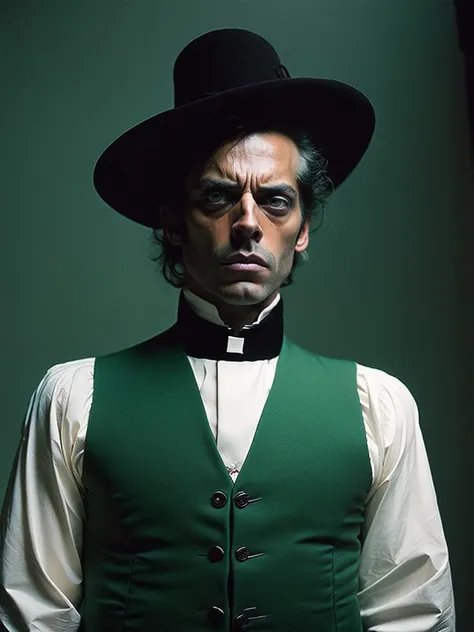 <lora:AlejandroJodorowsky:0.61> portrait of Reverend Green, by Alejandro Jodorowsky   (retrofutur:0.6), sweater vest ( touch of emerald green color:0.6)  VintageHelper