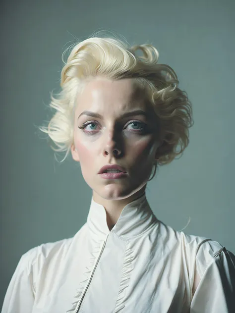 <lora:AlejandroJodorowsky:0.61> portrait of housekeeper Miss White, pale blonde hair, by Alejandro Jodorowsky   (retrofutur:0.6), white maid bandeau ( touch of white color:0.6)  VintageHelper