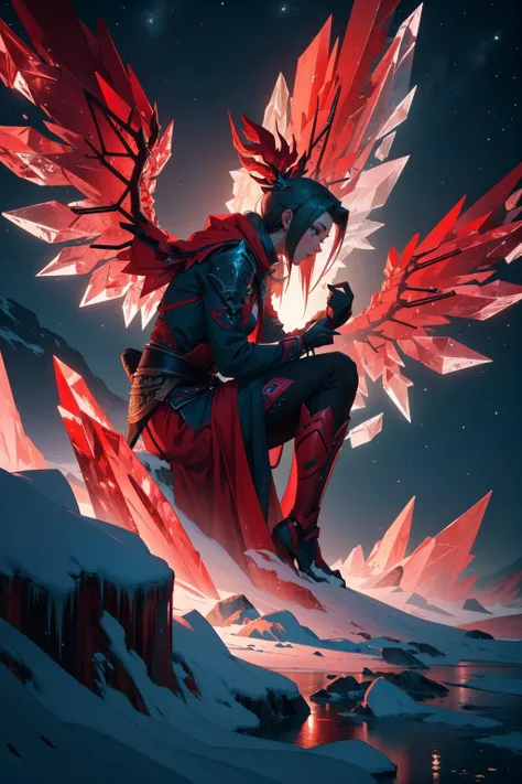 masterpiece, best quality, <lora:redice-concept-richy-v1:1> redice, red ice, red theme, sorceress, ice magic, crystals, glowing, volumetric lighting, chiaroscuro, night sky, from side, fantasy