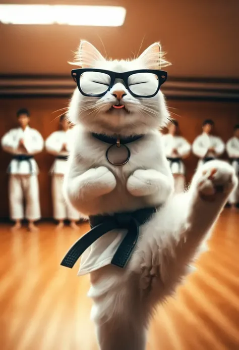 side view Dutch angle shot a smug Catturd2 in a karate uniform kicking its paw into the air in front of him, glasses, collar, black belt, dojo with students in the background, HDR, award winning, intricate details, cinematic photo, intense energy, 4k <lora:Catturd2:1>