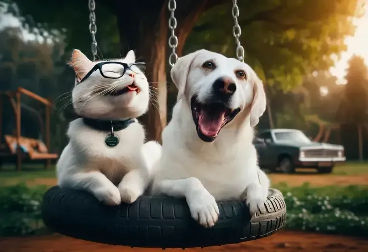 portrait shot of a smug Catturd2 wearing glasses and sitting in a tire swing next to a Labrador Dog, large oak tree in the background, HD, award winning photography, intricate details, cinematic photo <lora:Catturd2:1.2>