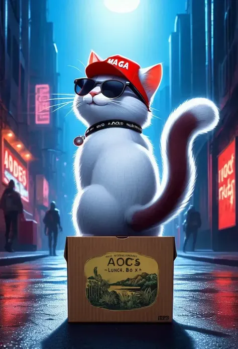 rear view of a smug Catturd2 looking back and smiling, sitting in a litter box with the words ("AOC LUNCH BOX":1.3), wearing sunglasses and a red baseball hat on head, cyber punk city in the background, HDR, award winning, trending on Artstation, intricate details, cinematic, vivid color, 4k <lora:Catturd2:1>