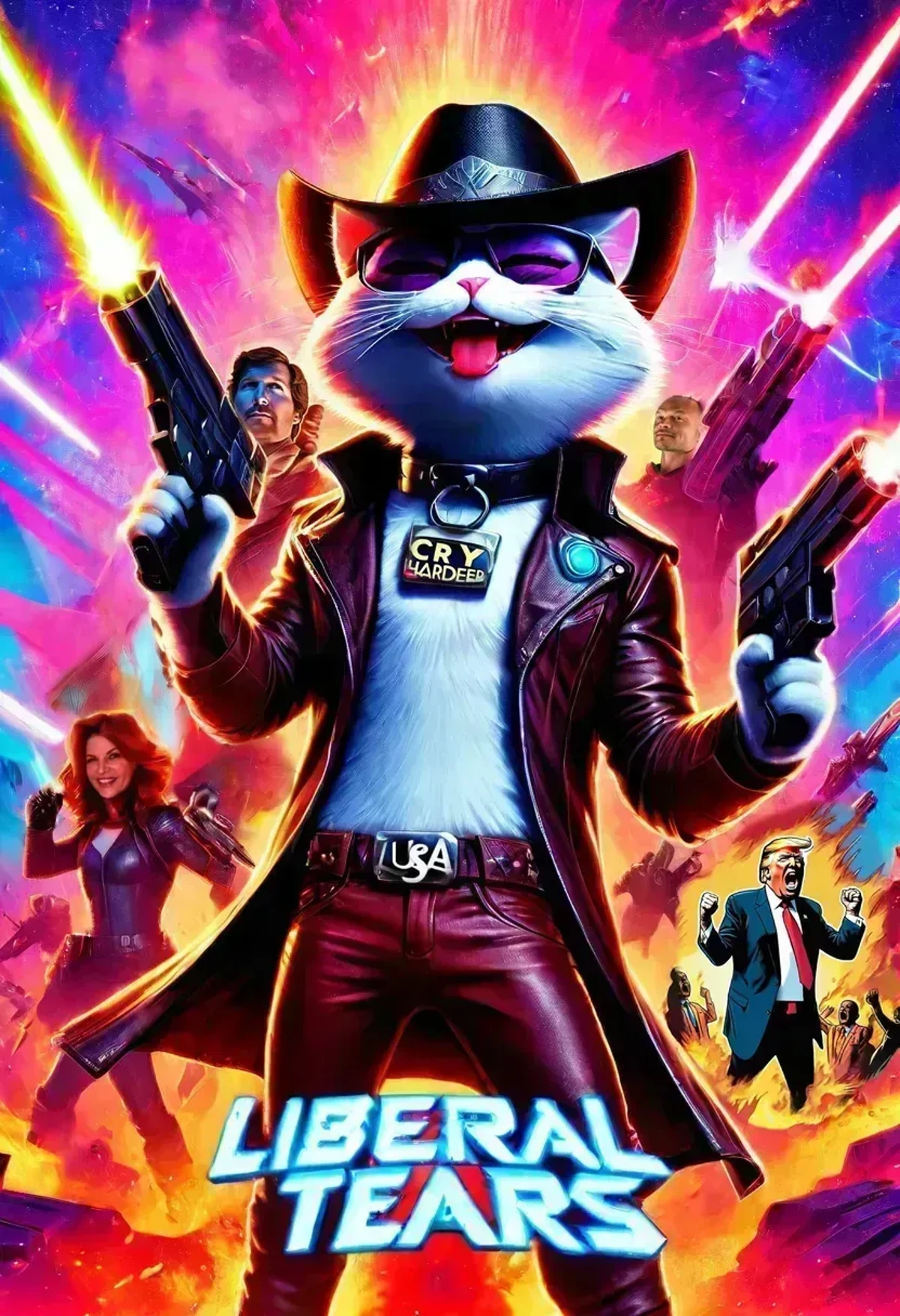 Movie Poster Page of the movie (LIBERAL TEARS:1.3), starring a smug laughing Catturd2 shooting laser guns, wearing a cowboy hat and a black robotic cyborg suit, in the style of Guardians of the Galaxy, /(2014/), (space flames) in the background, <lora:Movie Poster:1.3> <lora:Catturd2:1>