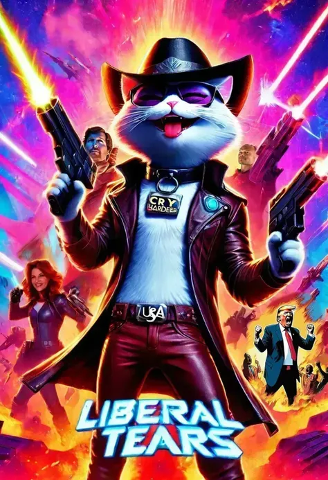 Movie Poster Page of the movie (LIBERAL TEARS:1.3), starring a smug laughing Catturd2 shooting laser guns, wearing a cowboy hat and a black robotic cyborg suit, in the style of Guardians of the Galaxy, /(2014/),  (space flames) in the background,  <lora:Movie Poster:1.3> <lora:Catturd2:1>