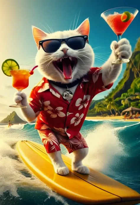 (fisheye shot:1.3), a screaming white Catturd2 (wearing a red Hawaiian shirt:1.3) and sunglasses is hanging ten surfing a wave in Hawaii on a yellow surfboard, (holding fruity cocktail in paw:1.1), background is tiki volcano tropical island, HDR, award winning, intricate details, cinematic, intense action and energy, 4k <lora:Catturd2:1>
