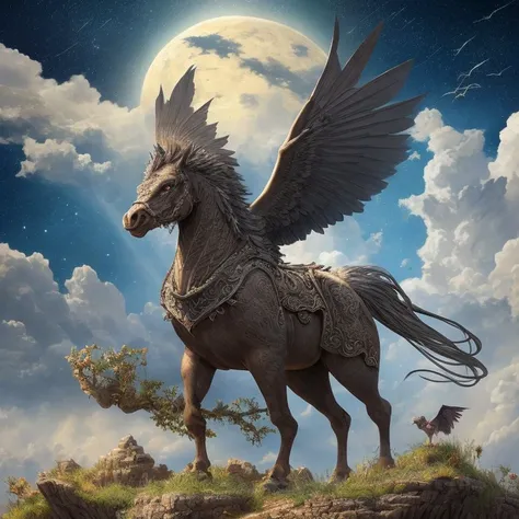 A black pegasus is flying over mountains wich in between has a river. It's a fullmoon and pegasus fly forward to the moon